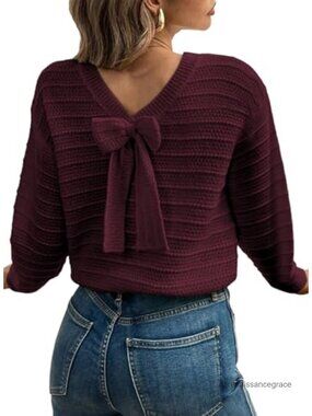 Womens Bow Back Sweater Pullover Knit Top Fall